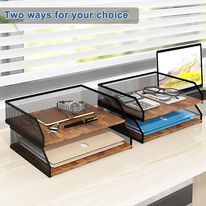 Natwind 2-Tier Stackable Paper Tray, Metal Mesh Desktop Organizer, Paper Sorter - Image 6