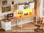 SEDETA Reversible Farmhouse L Shaped Computer Desk with Drawers, Hutch | L Shaped Corner Gaming Desk with LED Light and Storage Shelves for Home Office/Two Person, White