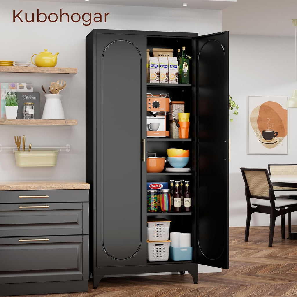75" tall white storage cabinet with doors & shown in use