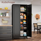 75" tall white storage cabinet with doors & shown in use