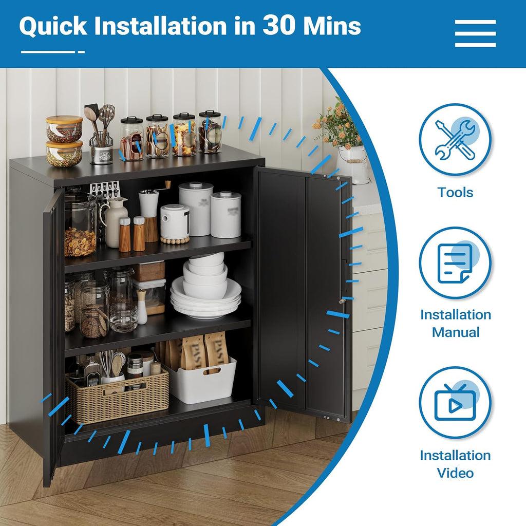 Metal Storage Cabinet, 36" Locking Cabinet with Adjustable Shelves for Garage, Office (Black)