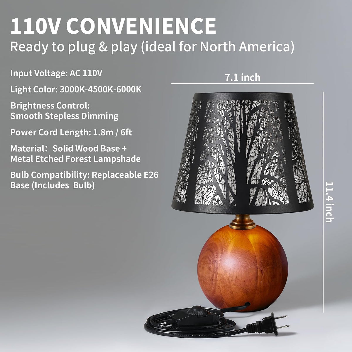 11.4" Rustic Solid Wood Small Table Lamp with Metal Forest Shade