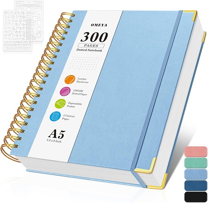 Bullet Dotted Journal Spiral Notebook, 300 Pages Leather Notebooks by OMEYA