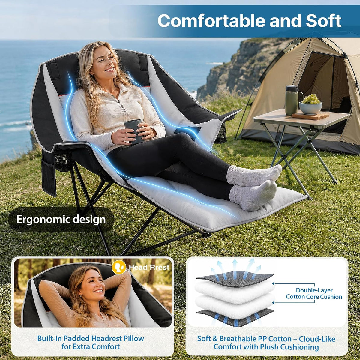 ZENPETIO Oversized Camping Chair with Footrest, 500 lbs Folding Camp Chairs