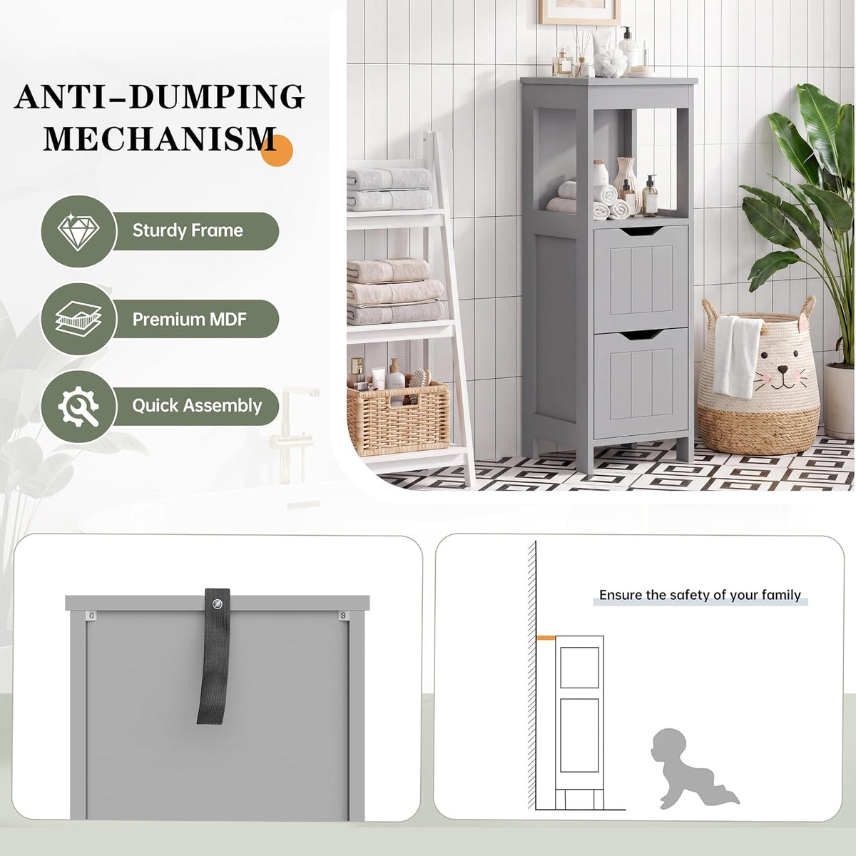 Shintenchi Small Bathroom Storage Cabinet, 2 Drawer Slim Floor Cabinet