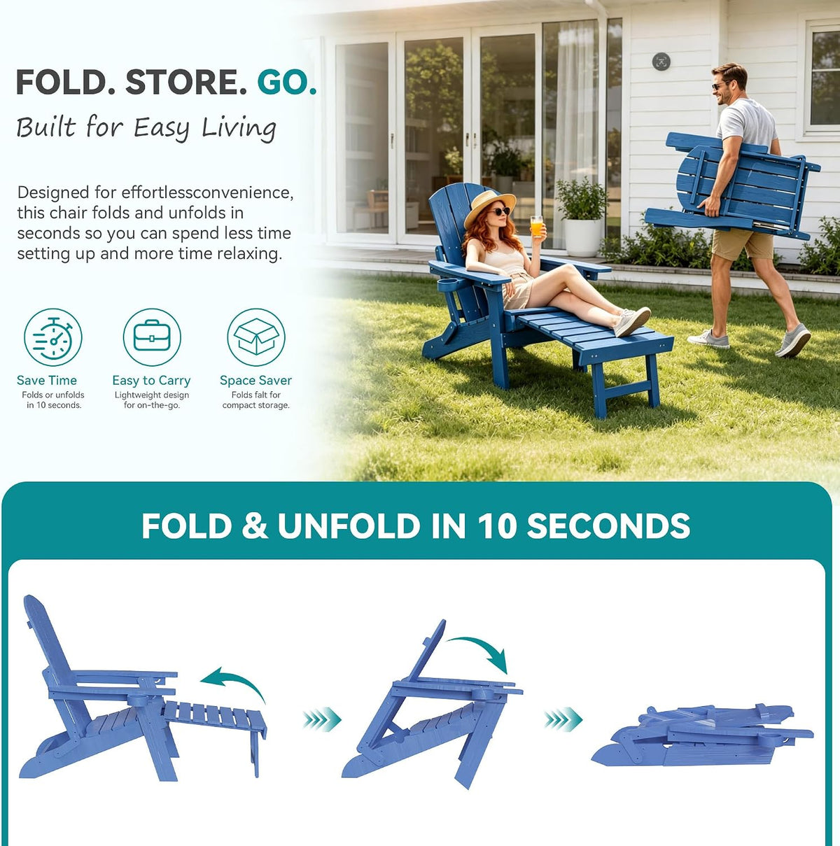 Folding Adjustable Adirondack Chair with Footrest, All-Weather HDPE Plastic C...