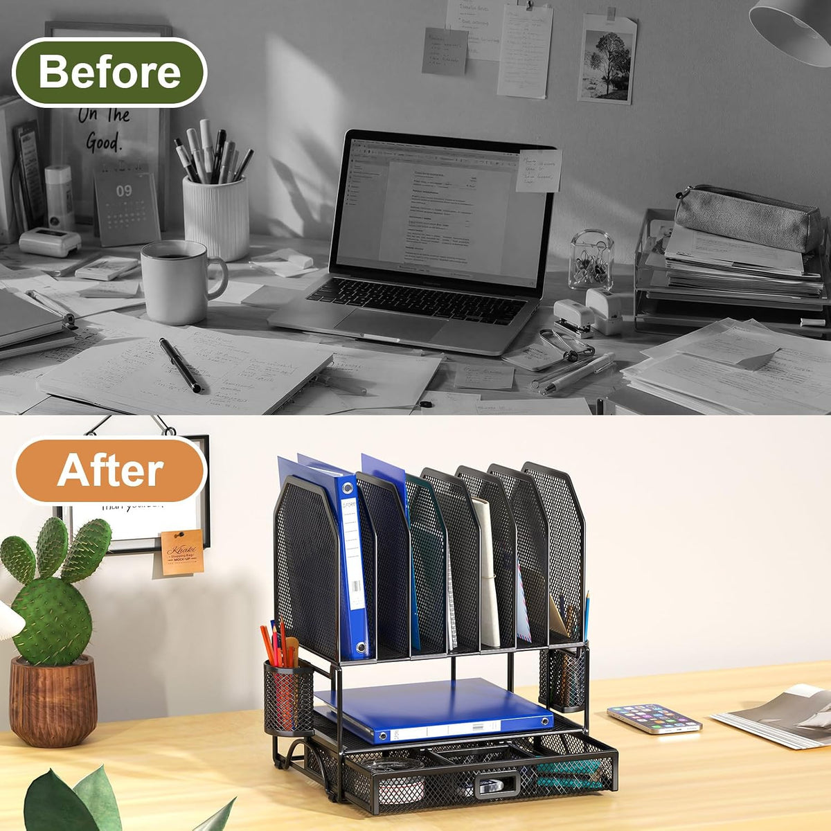 FANXIYQ Metal Desk Organizer with Sliding Drawer, 7-Section File Organizer fo...