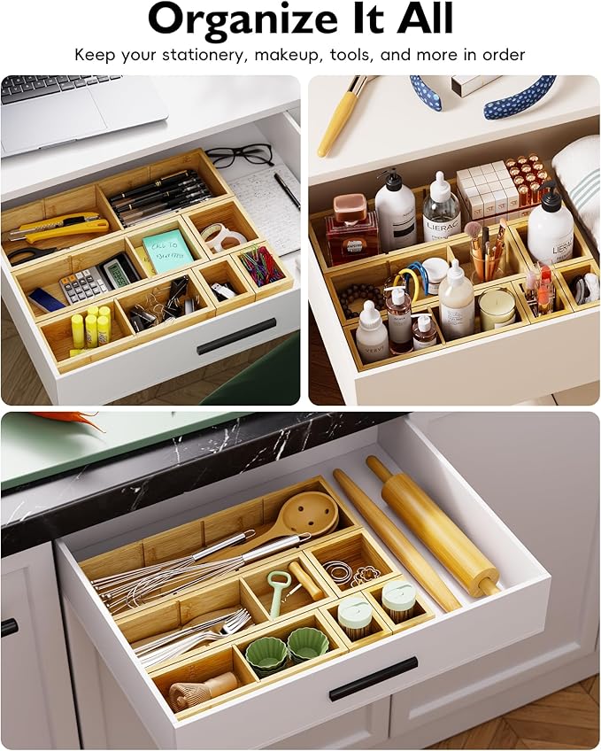 VA1KENE 12-Piece Bamboo Desk Drawer Organizer Set – Adjustable Storage Boxes - Image 6