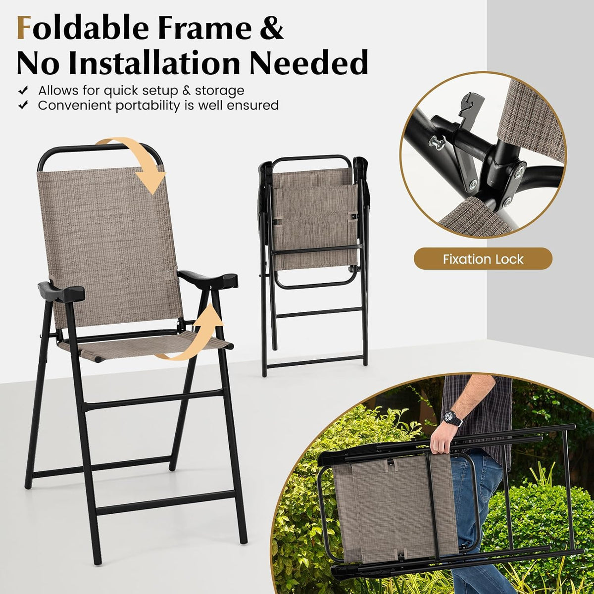 COSTWAY 4 Pieces Patio Folding Bar Chairs with Metal Frame, Footrest, Arms