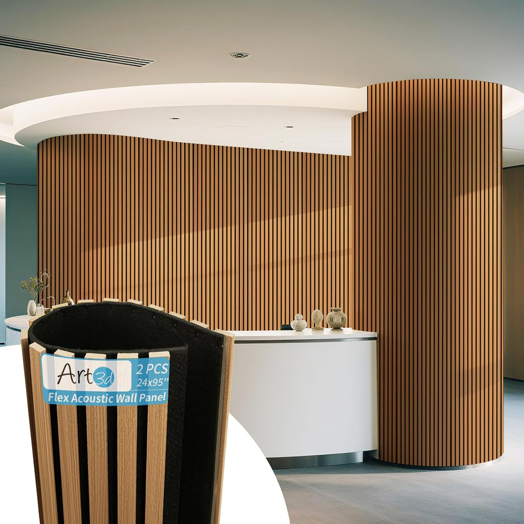 art3d roll-flat acoustic wood slat wall panel, 95.3 shown in use