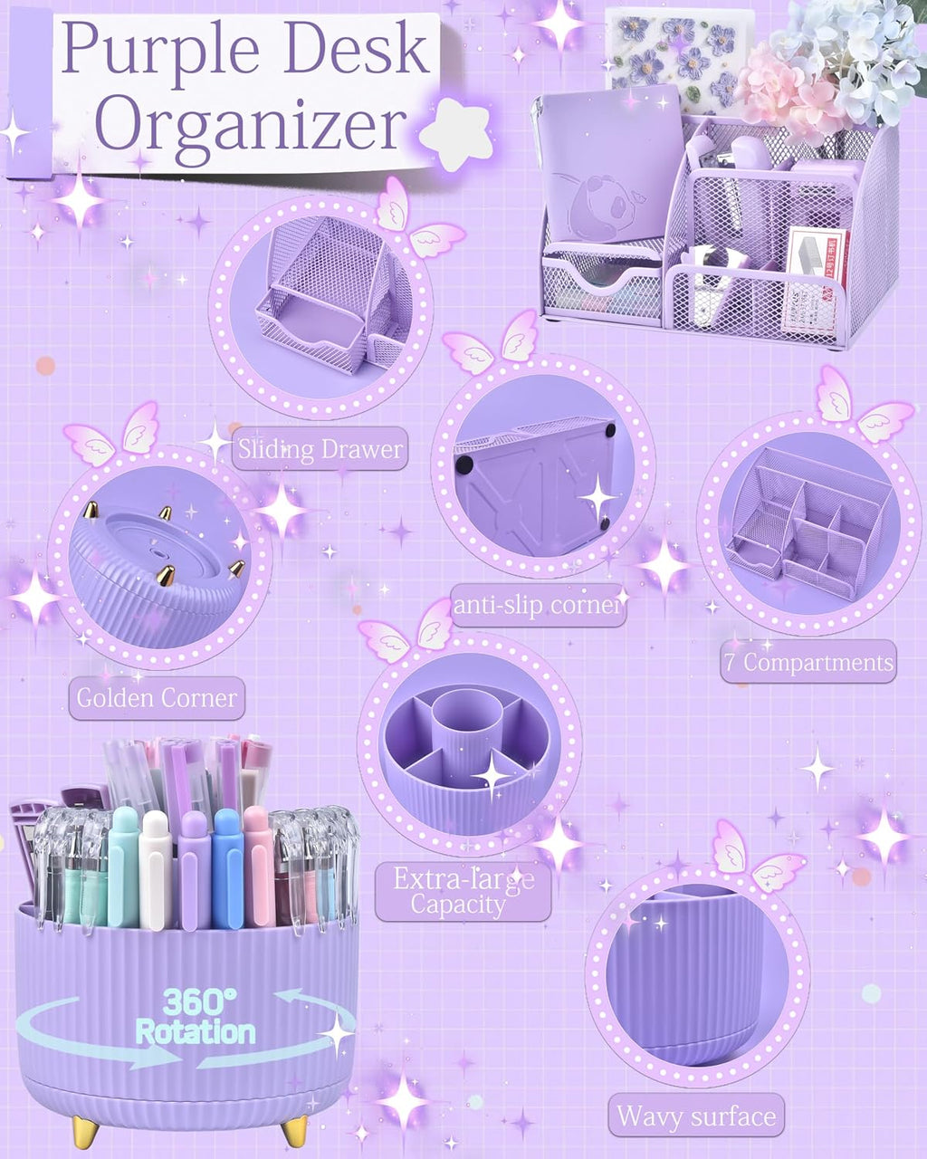 purple desk accessories and organizers with desk organizer shown in use
