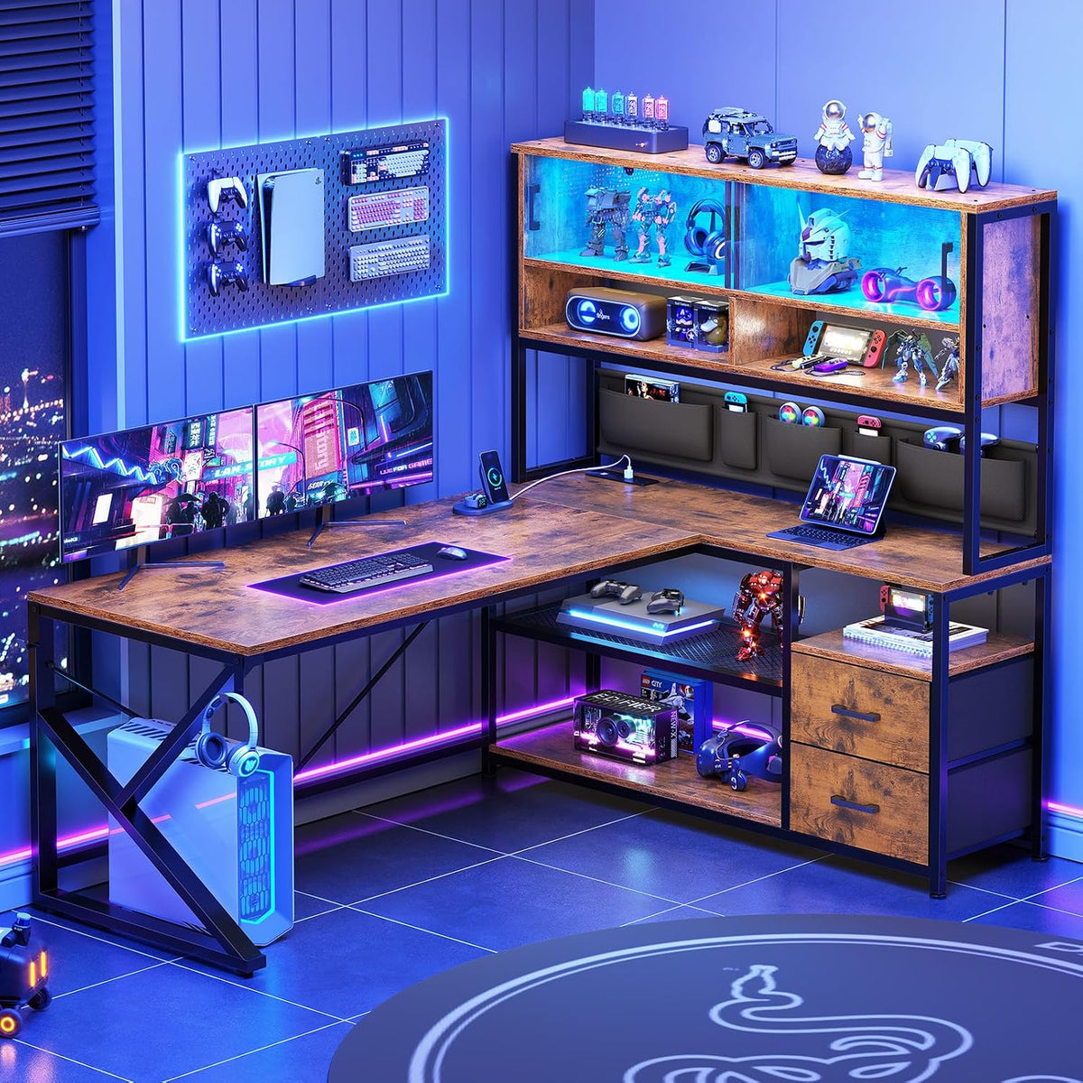 SEDETA L Shaped Office Desk with Storage Shelves, 2 Drawer, LED Light