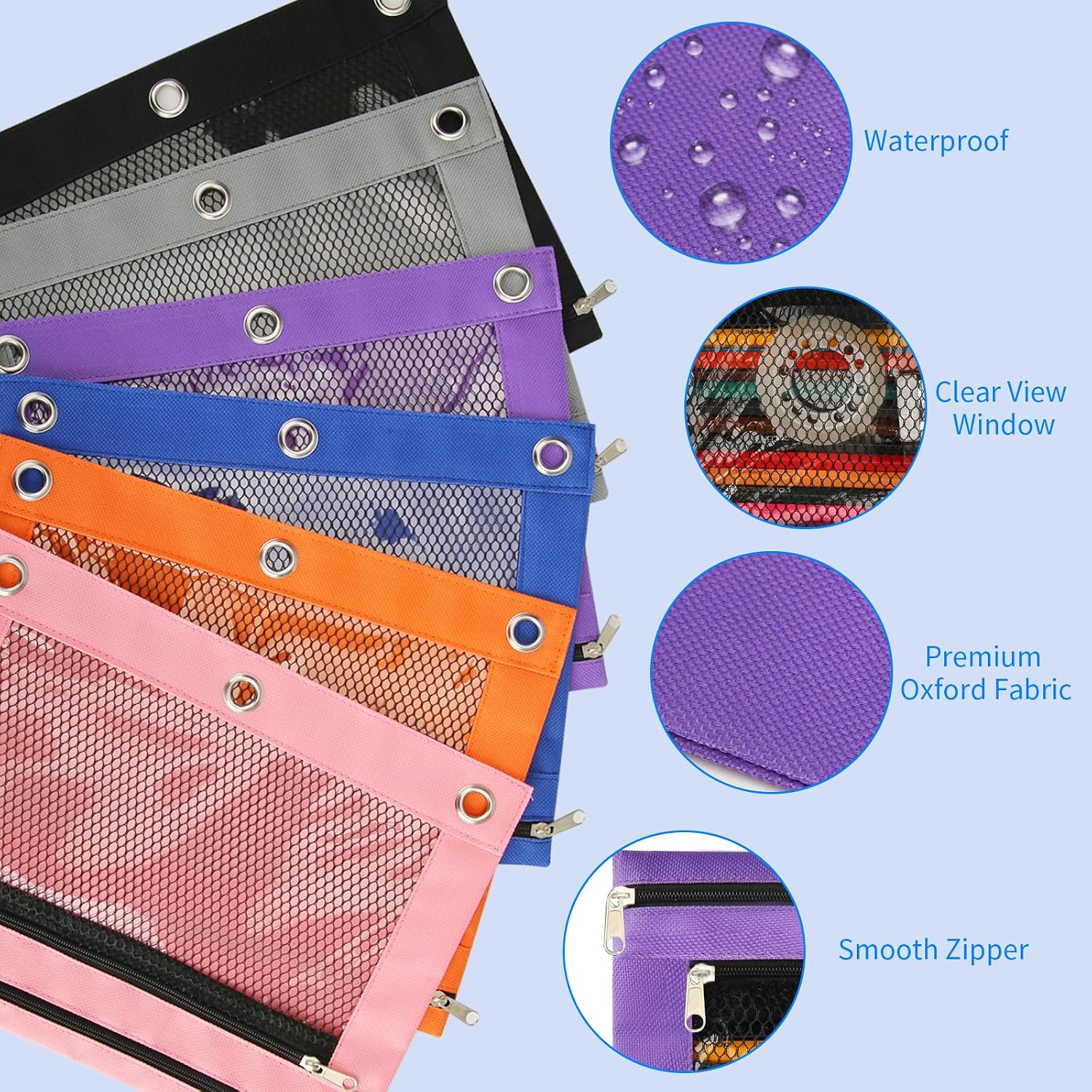Pencil Pouch for 3 Ring Binder - 3 Pack Zippered Pencil Pouches with Transparent Mesh Window| Binder Pouch with Smooth Zippers| Zippered Pencil Bag for School Office Students, Black+Grey+Pink