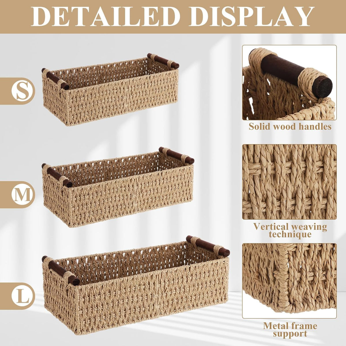 Boao 3 Pcs Boho Storage Wicker Baskets Handmade Woven Decorative Paper Rope B...
