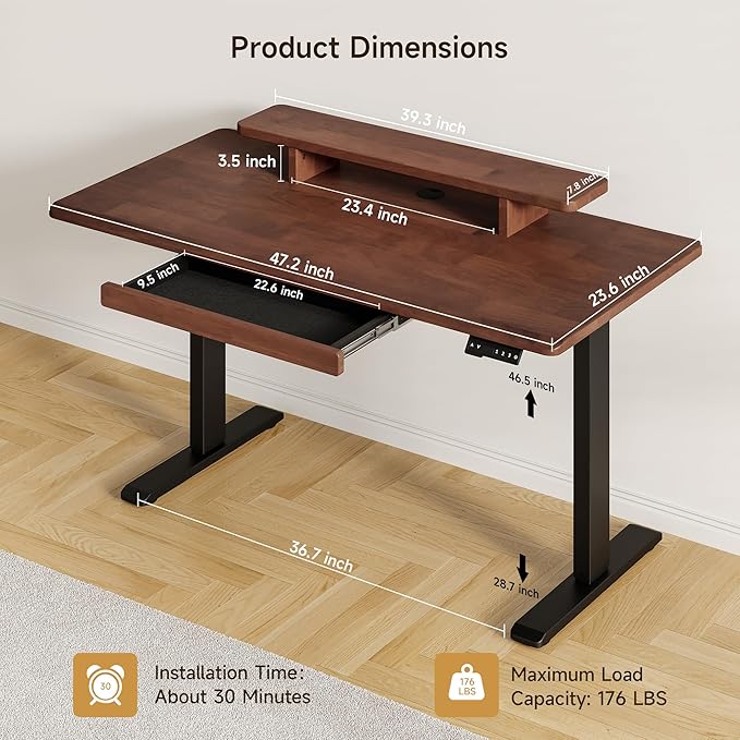 ONBRILL Standing Desk with Drawer, 47x23.6 Inches Solid Wood Desktop Stand Up - Image 2