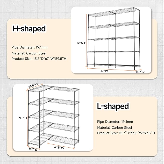 M MZG 5 Tiers Storage Shelves Load 1500LBS, Metal Shelving Wire Metal Shelving - Image 3