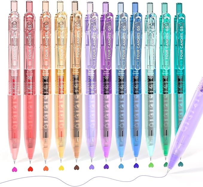 Four Candies 12Pack 0.5mm Quick Dry Retractable Gel Pen Set, Cute Transparent by FourCandies