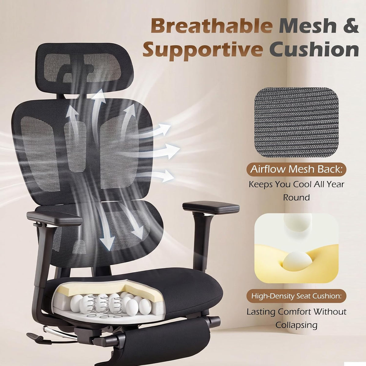 Ergonomic Office Chair with Footrest and Dynamic Lumbar Support, Black