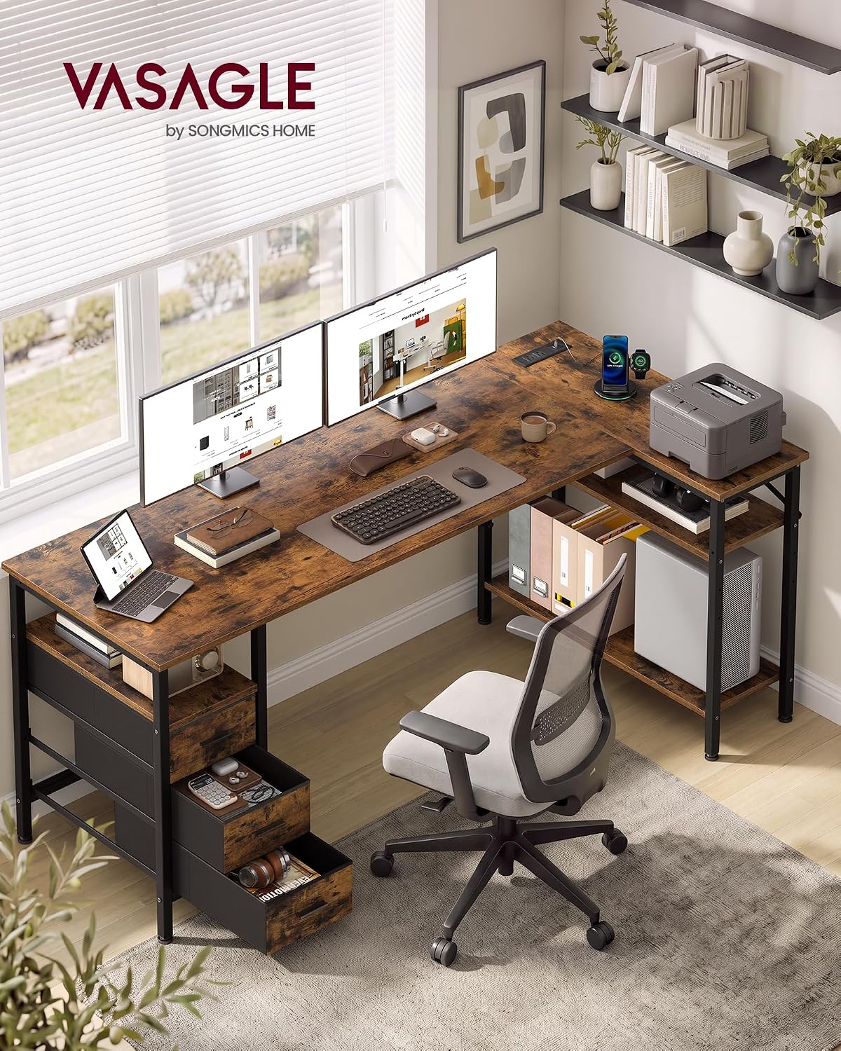 VASAGLE L Shaped Computer Desk with Drawers, Large Gaming Desk with Shelves