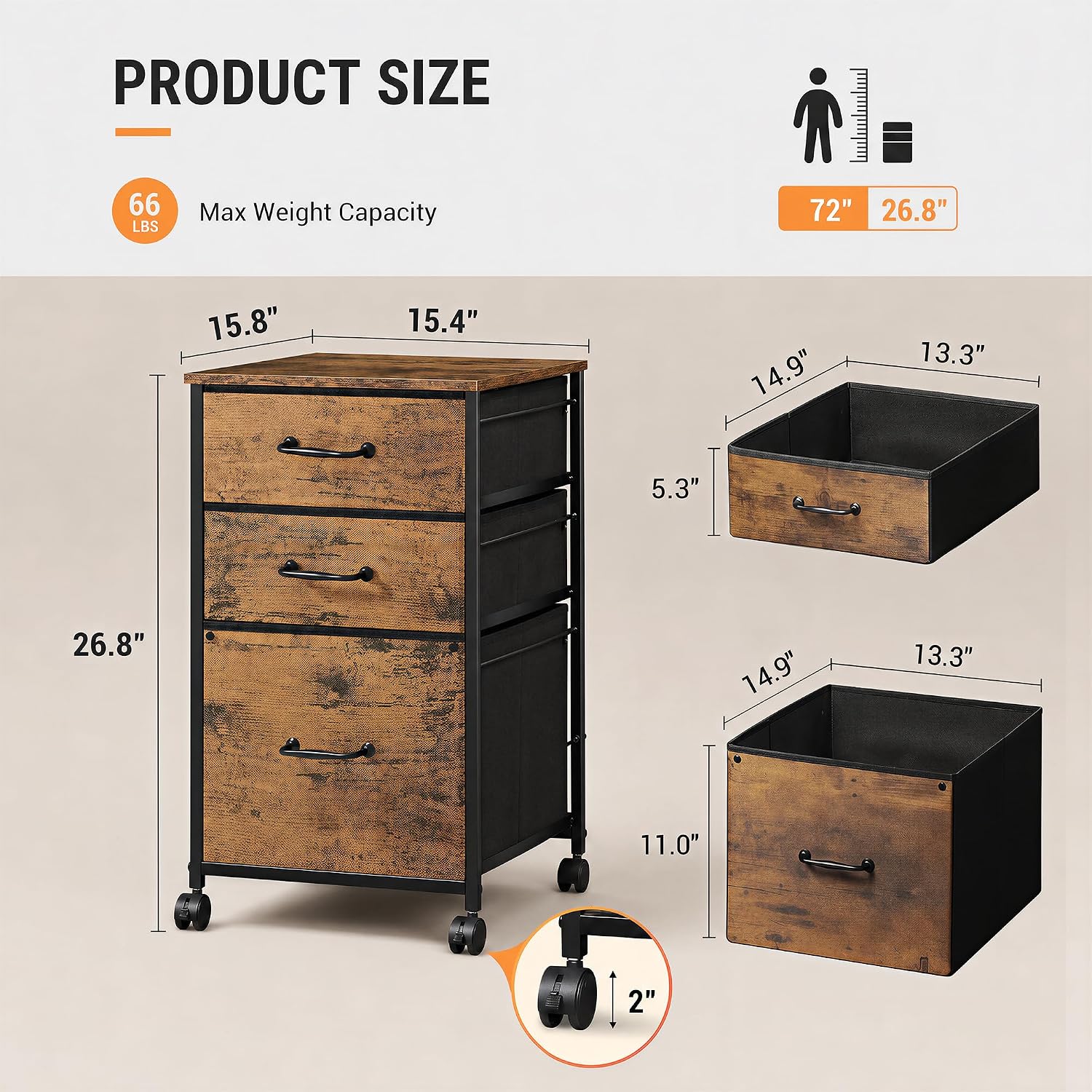 DEVAISE 3-Drawer Mobile File Cabinet, Rolling Printer Stand, Rustic Brown | Fabric vertical filing cabinet with 3 drawers, wood desktop, steel frame, fits A4/Letter, Under Desk Storage for home office