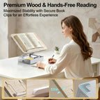 Book Stand with Storage, Wooden Book Holder for Desk, Hands-Free Reading | Ergonomic Adjustable Height & Angle, For Textbooks, Cookbooks, Documents (White, 9.8" x 13.8" Large Panel)