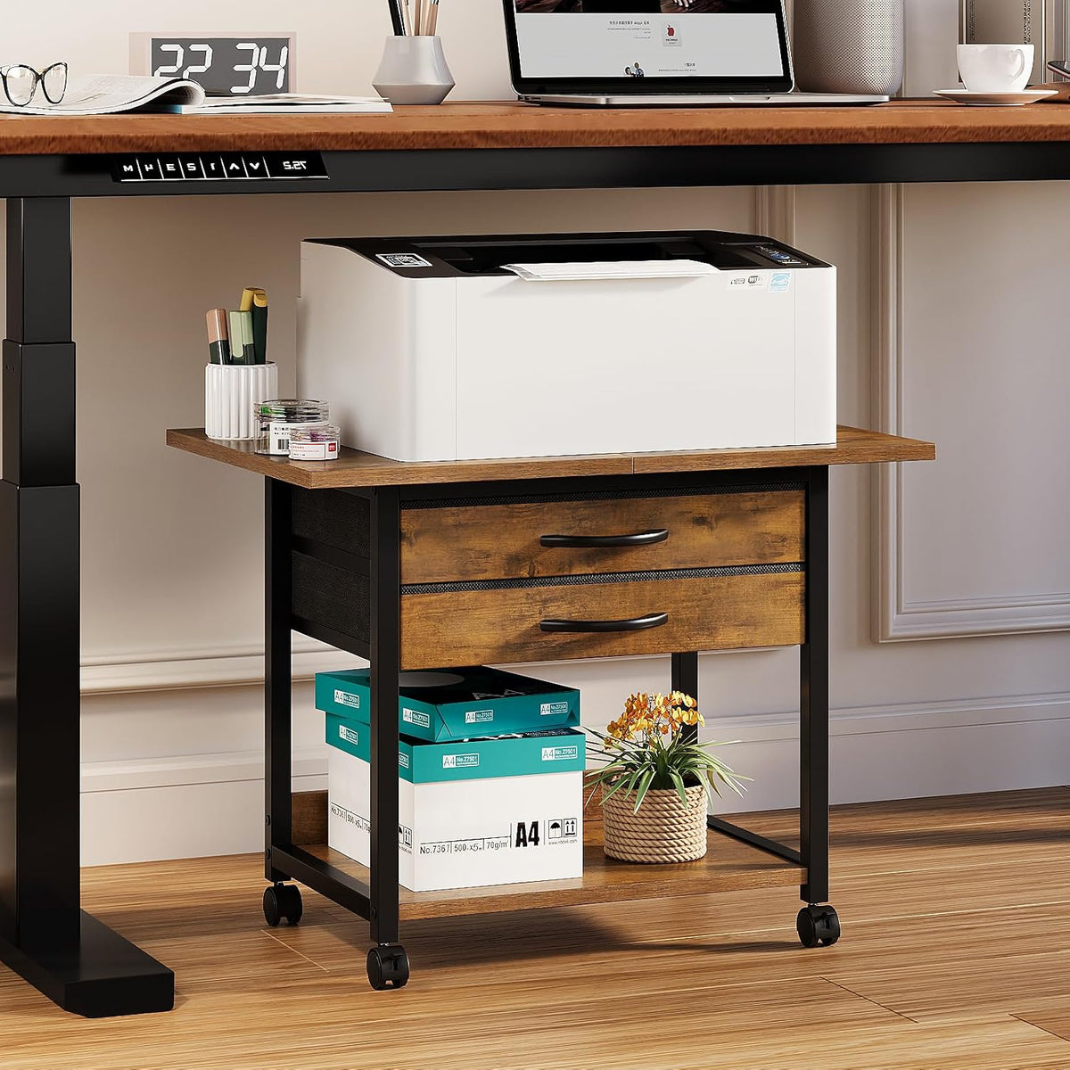 VENNQD Large Printer Stand with Storage Fabric Drawer Under Desk Printer Tabl...