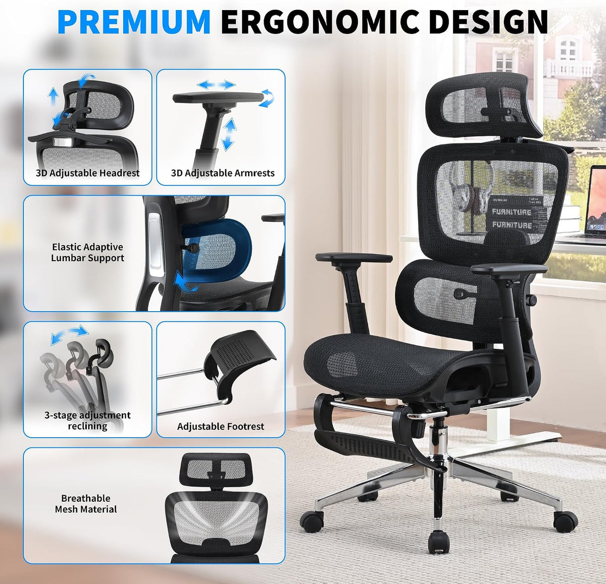 Mesh Ergonomic Office Chair with Footrest, Black