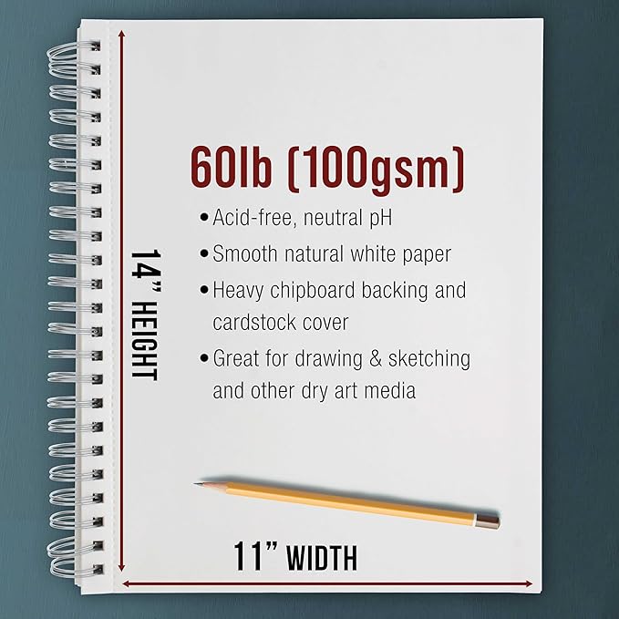 U.S. Art Supply 11"x14" Sketch Book Pad, 2 Pack, 60lb Spiral Bound - Image 3