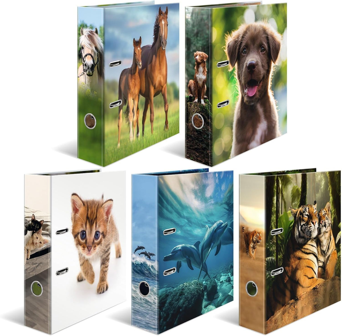 Herma Folder A4 Animal Motifs Set, 10 Pieces, 7 cm Wide, Children's Ring Binder with Animal Motif, Colourful Lever Arch File with Inner Print for Boys and Girls