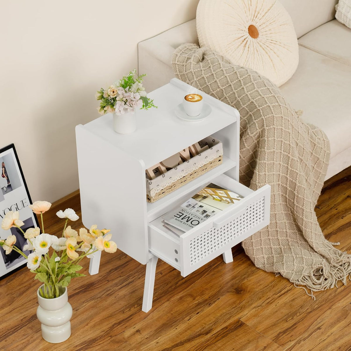 Lerliuo Rattan Nightstand, Side Table with Drawer Open Shelf
