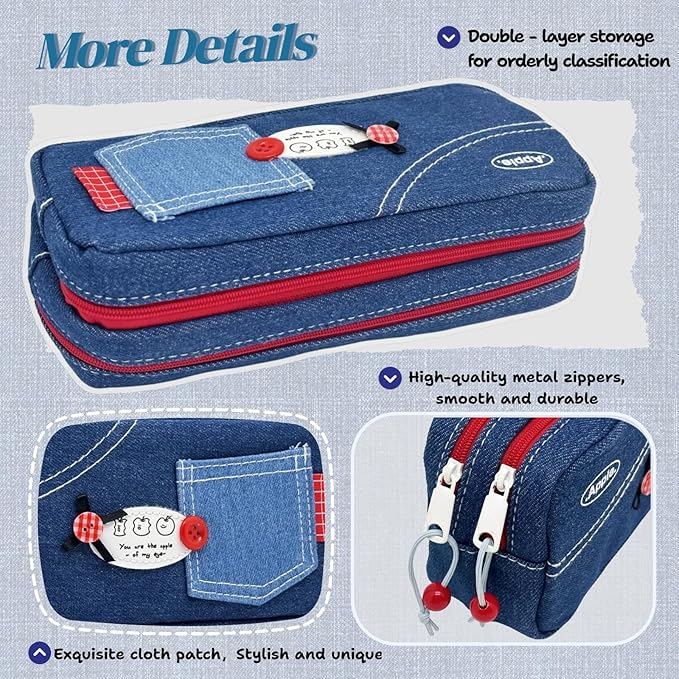 Haumei Canvas Pencil Case Large Capacity, Big Denim Pen Pouch - Image 4