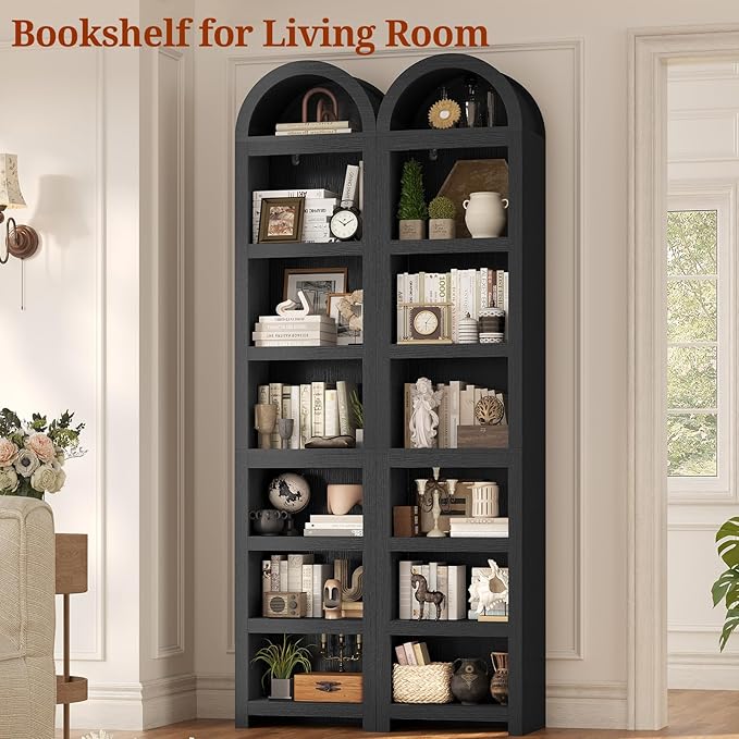 UPOSOJA 76" Tall Narrow Arched Bookcase, 7-Teir Mid-Century Modern Bookshelf - Image 5