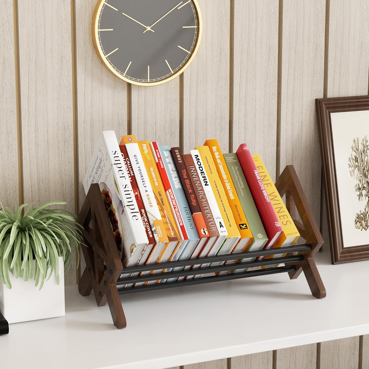 Desktop Bookshelf Organizer, Wood Office Tabletop Book Storage Rack, Tilting ...