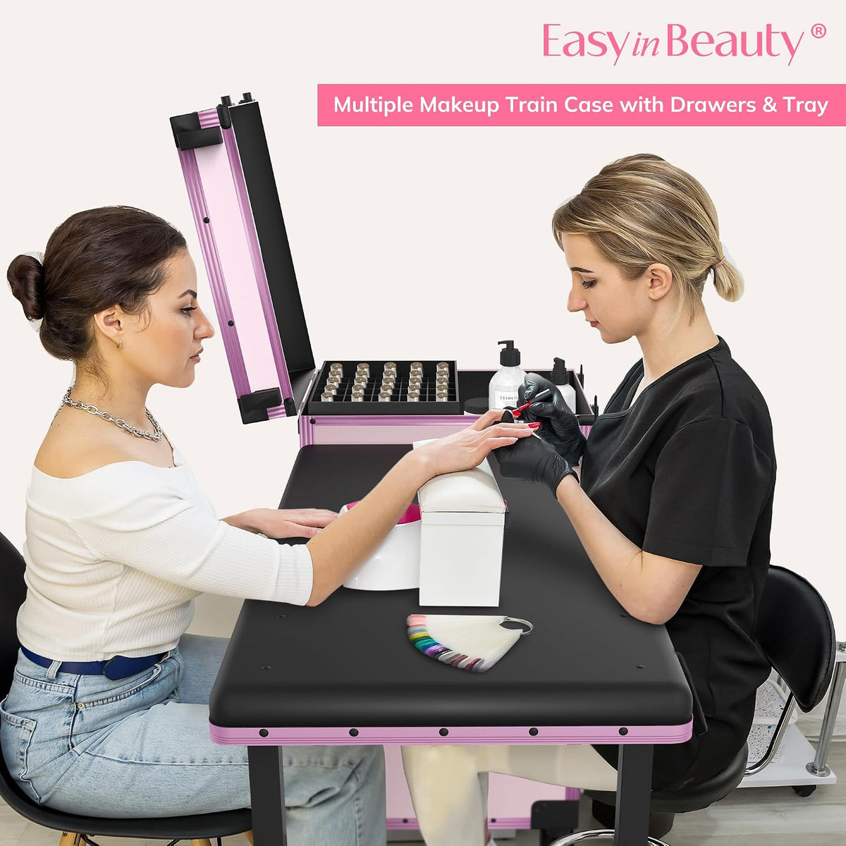 EASYINBEAUTY Rolling Portable Manicure Table with 3 Storage Drawers, Pink