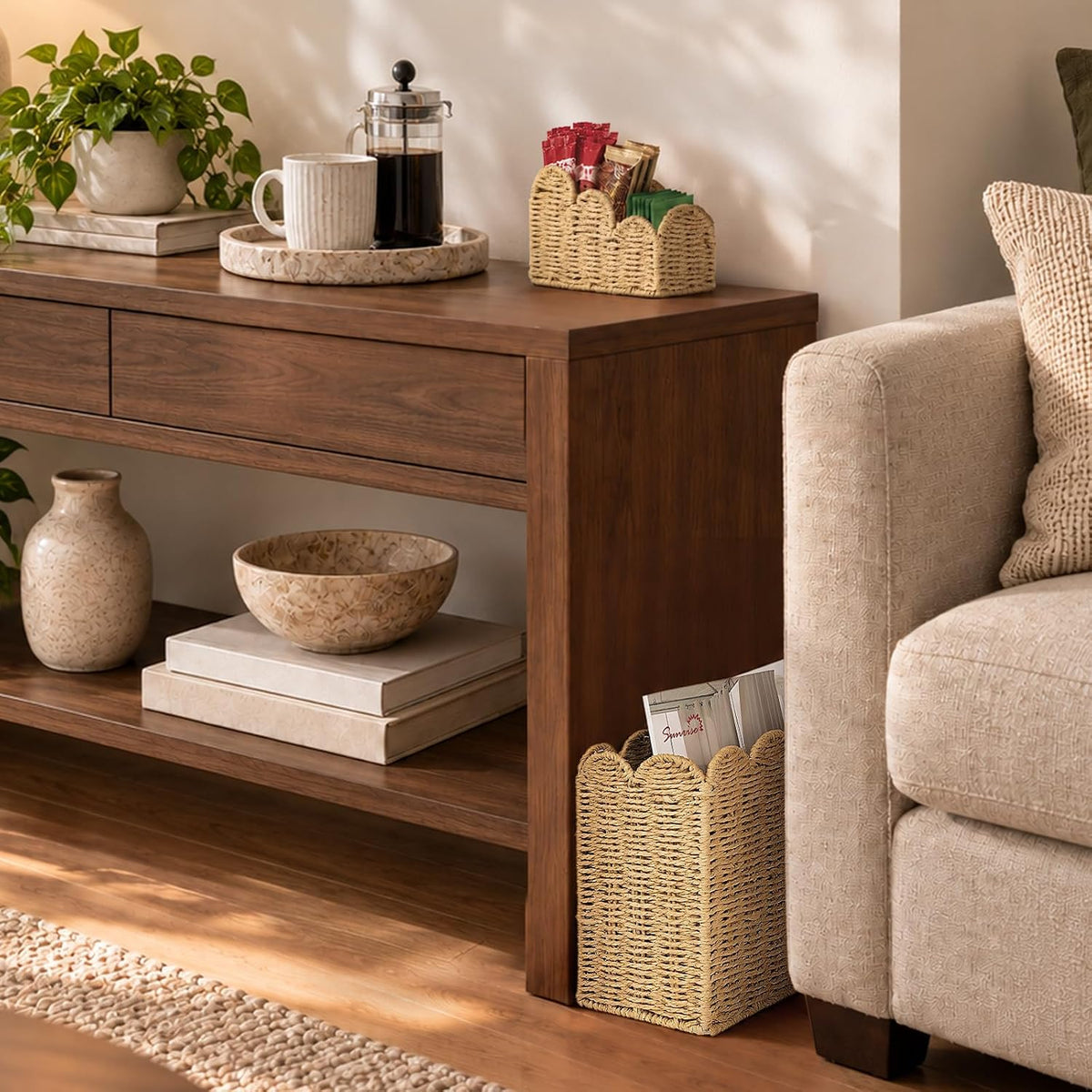 AELS Hand Woven Scalloped Basket Set, Magazine Rack & Remote Control Holder