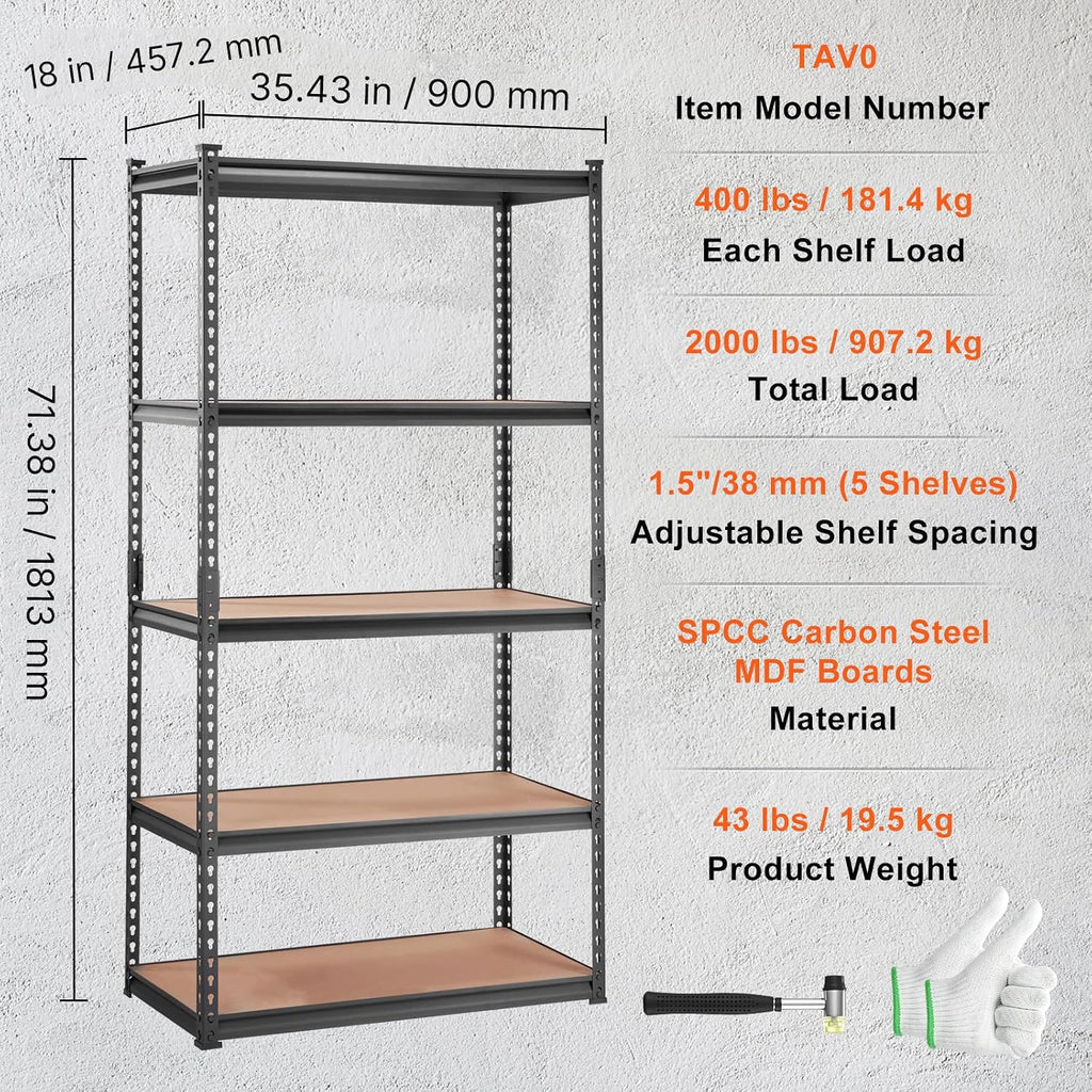 vevor storage shelves 5-tier adjustable 2000 lbs 36"x18"x72", close-up detail