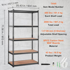 vevor storage shelves 5-tier adjustable 2000 lbs 36"x18"x72", close-up detail