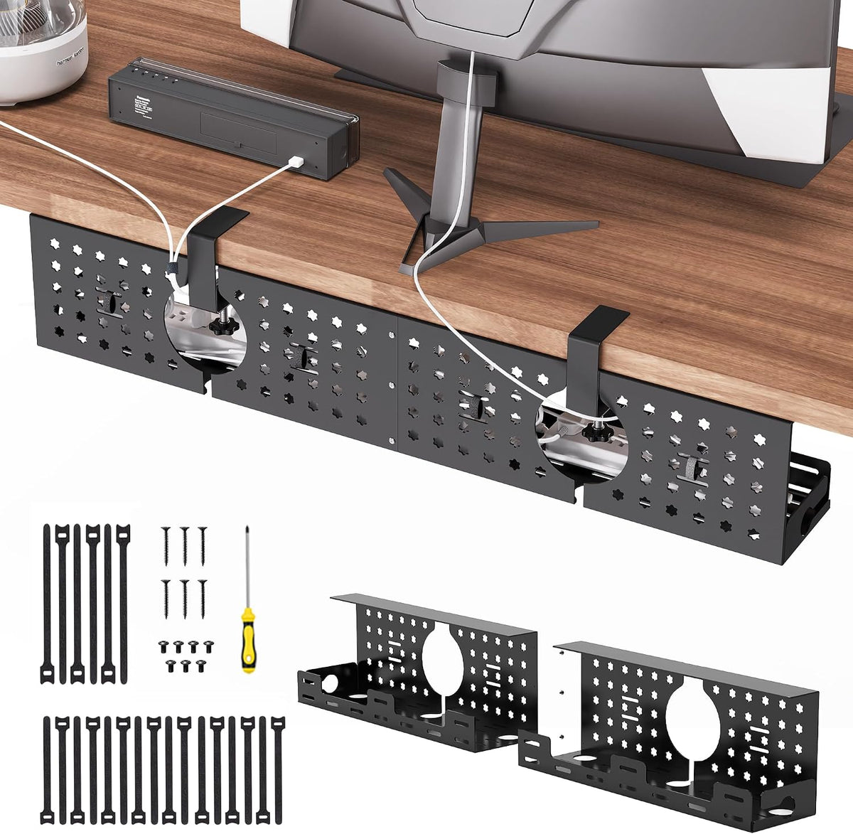 Under Desk Cable Management Tray, 32.6 in, No Drill Cable Organizer, Black