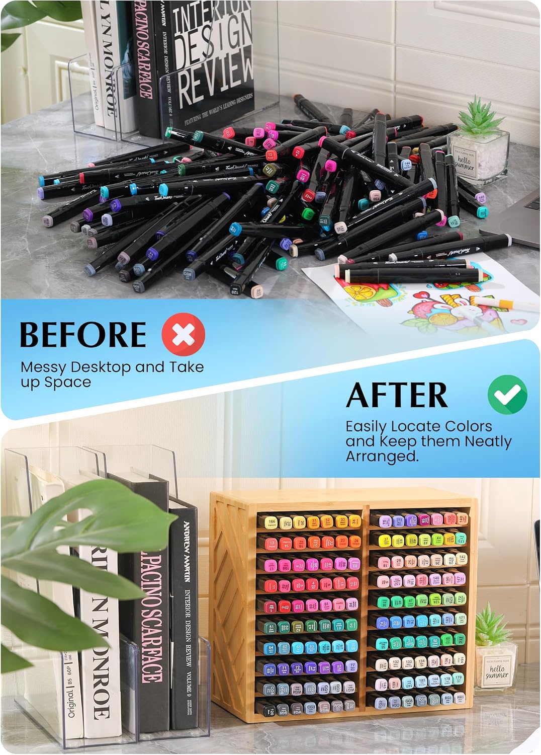 Bamboo Marker Organizer for Desk, Marker Storage Organizer for 140 Markers，Pe...