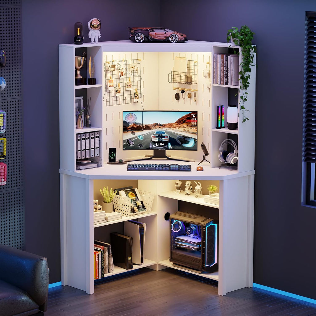 Corner Computer Desk with Hutch & Shelves and LED Reading Lights, White | 2 AC Outlets & USB & Type-C Charging Station, 3 Dimmable Lights, 6-Tiers Shelves, Fits Home Office, for Gaming and Work Use