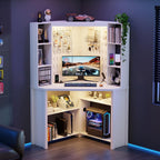 Corner Computer Desk with Hutch & Shelves and LED Reading Lights, White | 2 AC Outlets & USB & Type-C Charging Station, 3 Dimmable Lights, 6-Tiers Shelves, Fits Home Office, for Gaming and Work Use