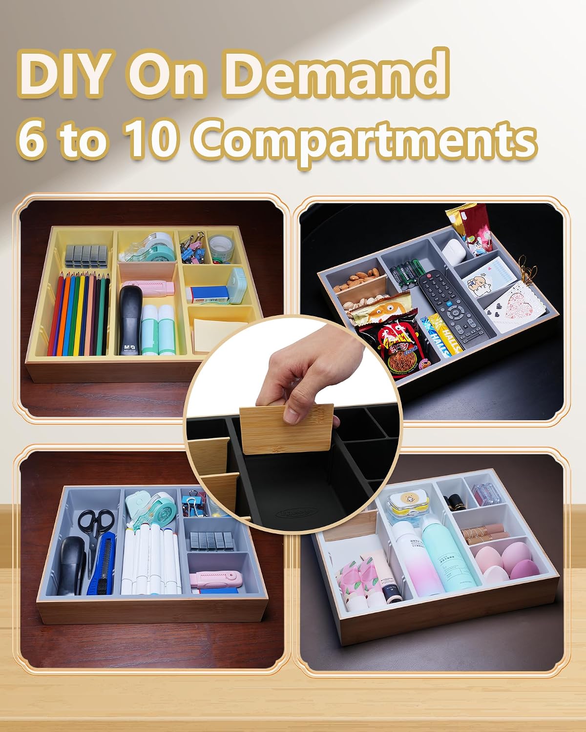 Office Drawer Organizer, Bamboo Desk Drawer Organizer with 4 Removable Divide...