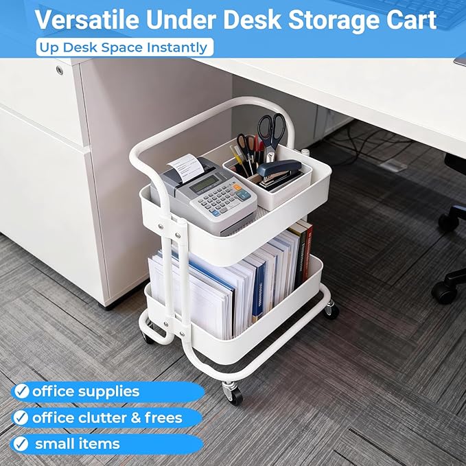 Ufriandz 2 Tier Cart with Wheels Under Desk Storage with Handle, Metal Rolling - Image 5