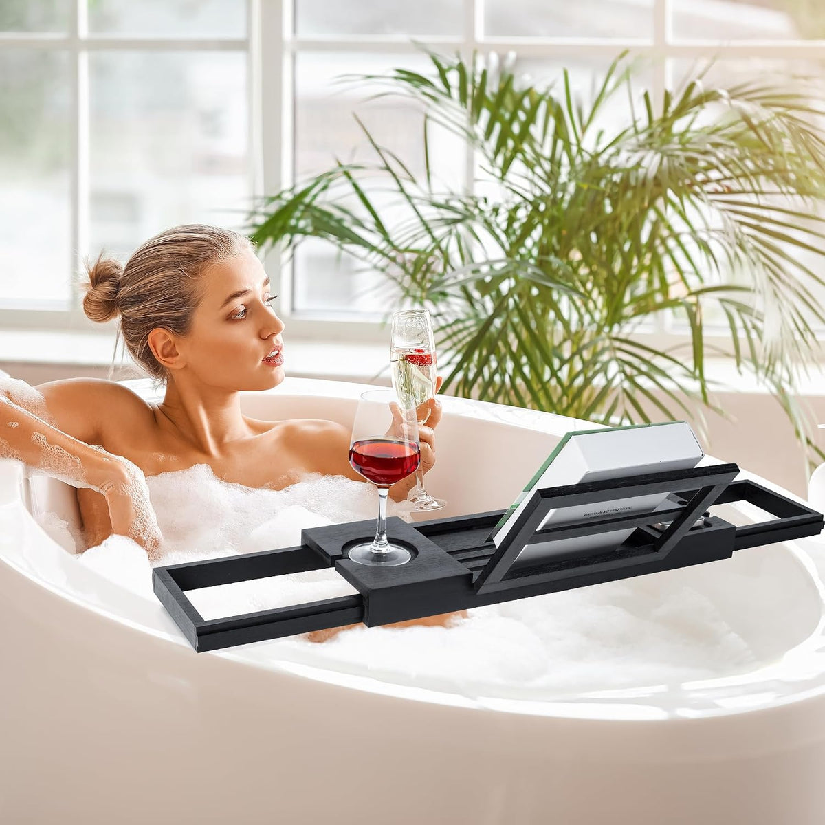 Utoplike Bamboo Bathtub Tray Black, Adjustable Bath Caddy Table for Tub