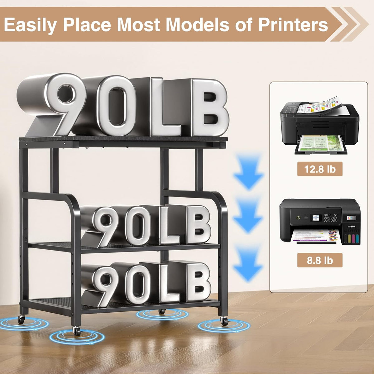 niffgaff Mobile Printer Stand with Large Desktop - 3 Tier Shelf, 24.4 Inch He...
