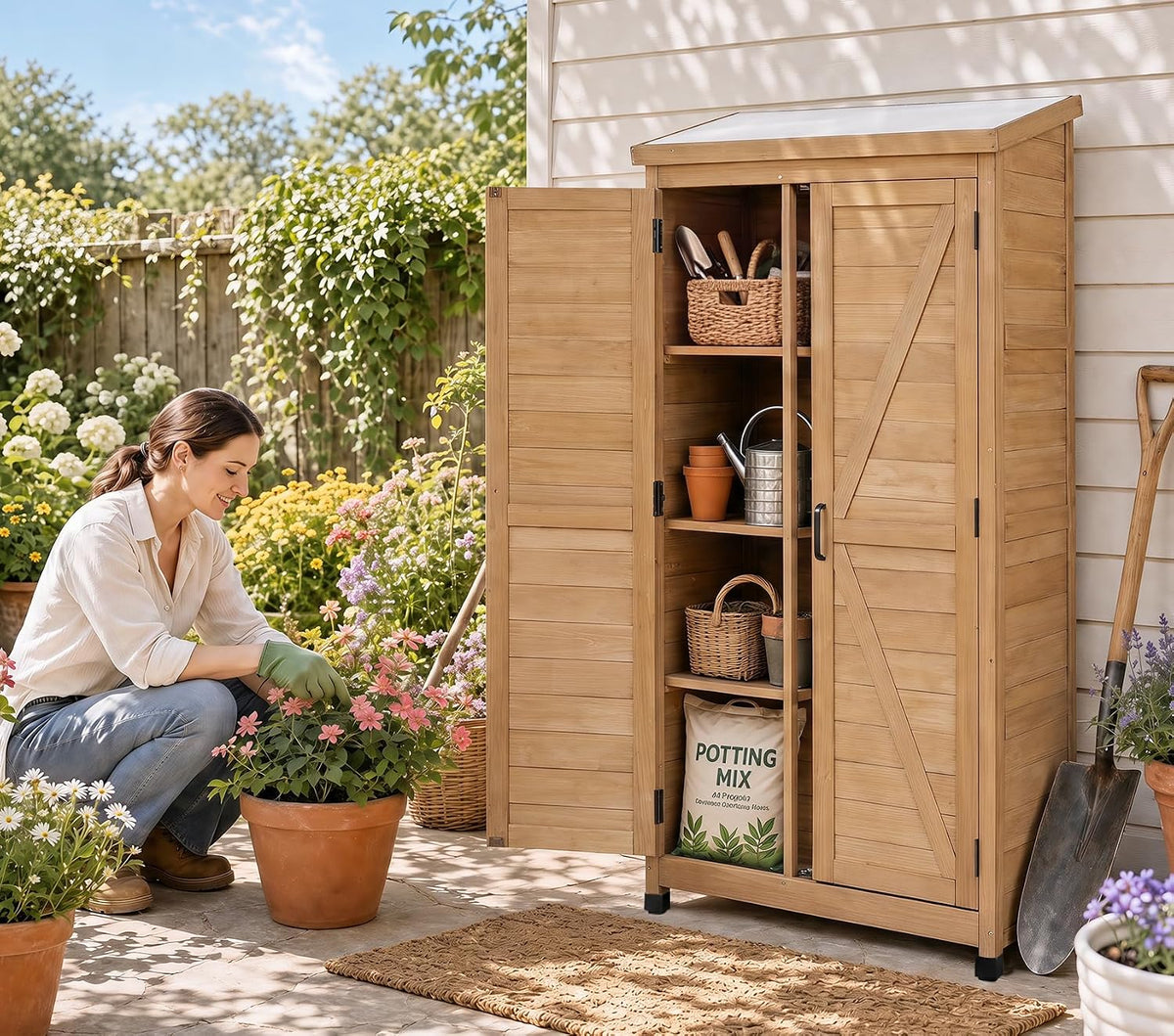 68'' outdoor storage cabinet, wooden garden tool cabinet shown in use