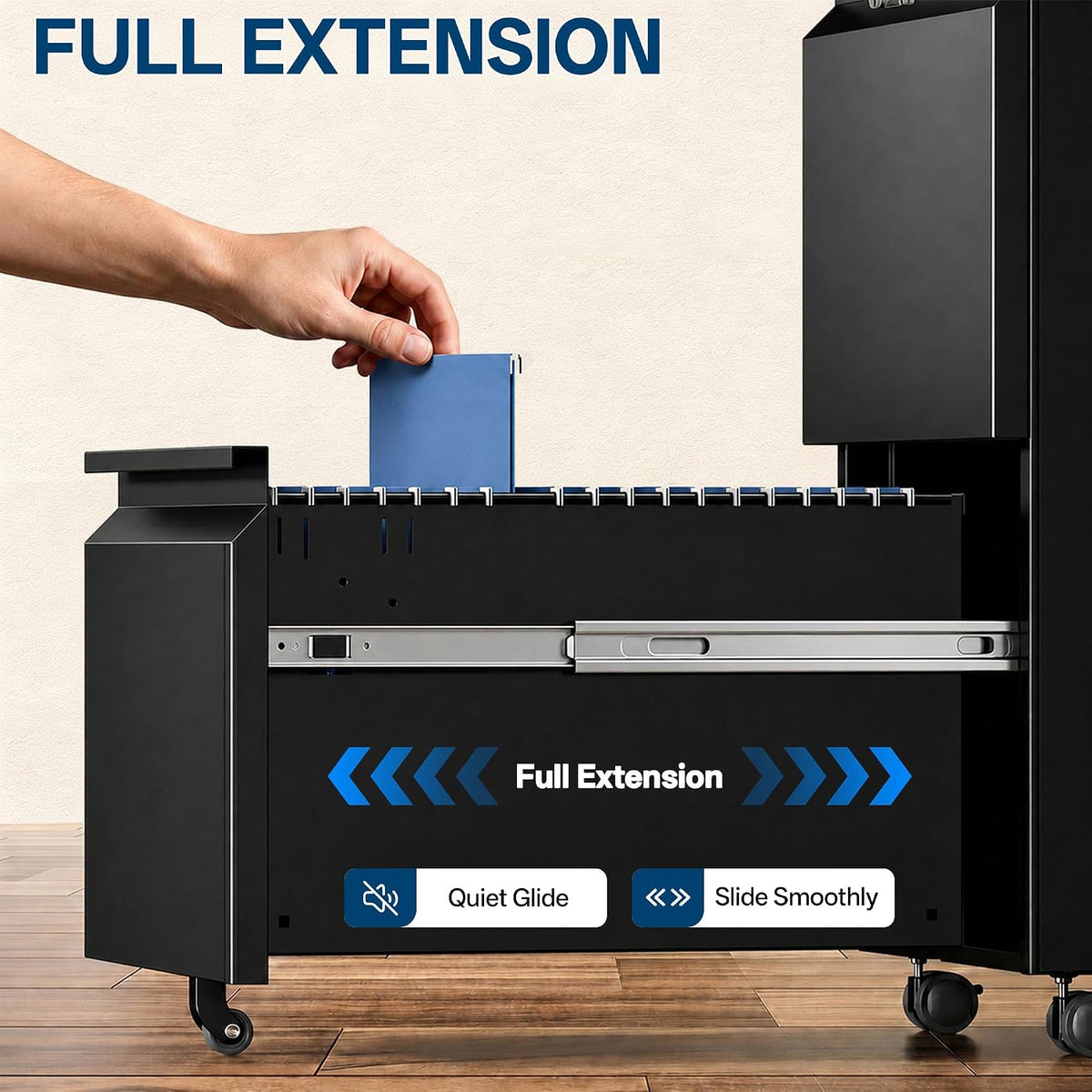 fully assembled 2 drawer mobile file cabinet with, front angle view