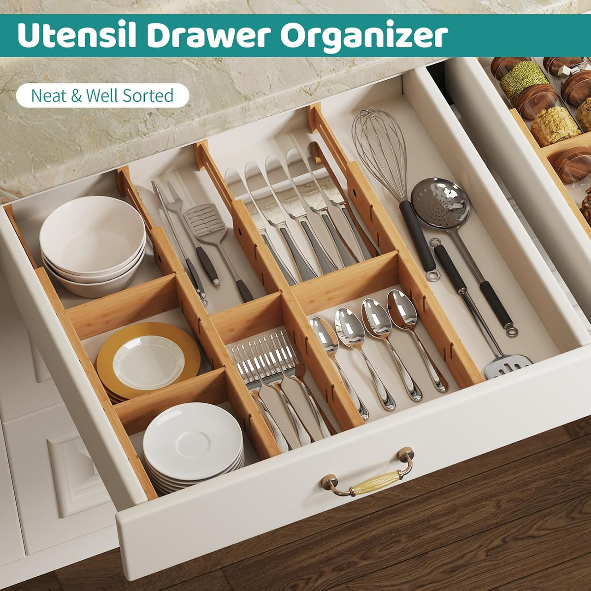 8 Pack Kitchen Drawer Dividers with Inserts, Bamboo Adjustable Drawer Organiz...