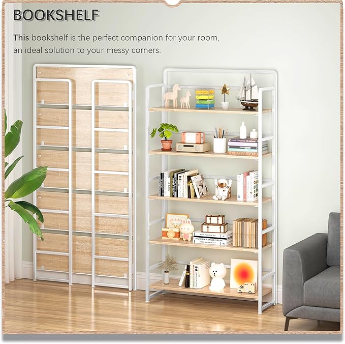 4NM No Assembly Extra Wide 5 Tiers Folding Bookshelf Storage Shelves Vintage - Image 3