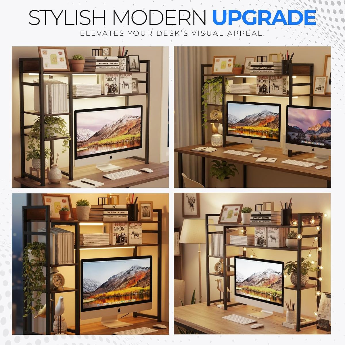 Desk Shelf Storage, 38 Inch, 4-Tier Wood Bookshelf Organizer, Computer Desk H...